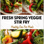 Colorful bowl of Spring Vegetable Stir Fry with rice, Satay Vegetables, and fresh veggies for stir fry.